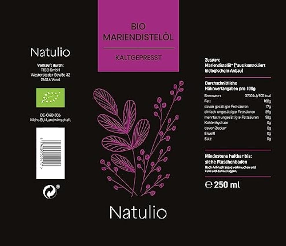 Natulio Aceite de cardo mariano orgánico prensado en frío, 250 ml, adecuado para nutrición y cuidado de la piel, rico en vitamina E y fortalecedor del hígado, certificado según DE-ÖKO-006 iQEPTm2G