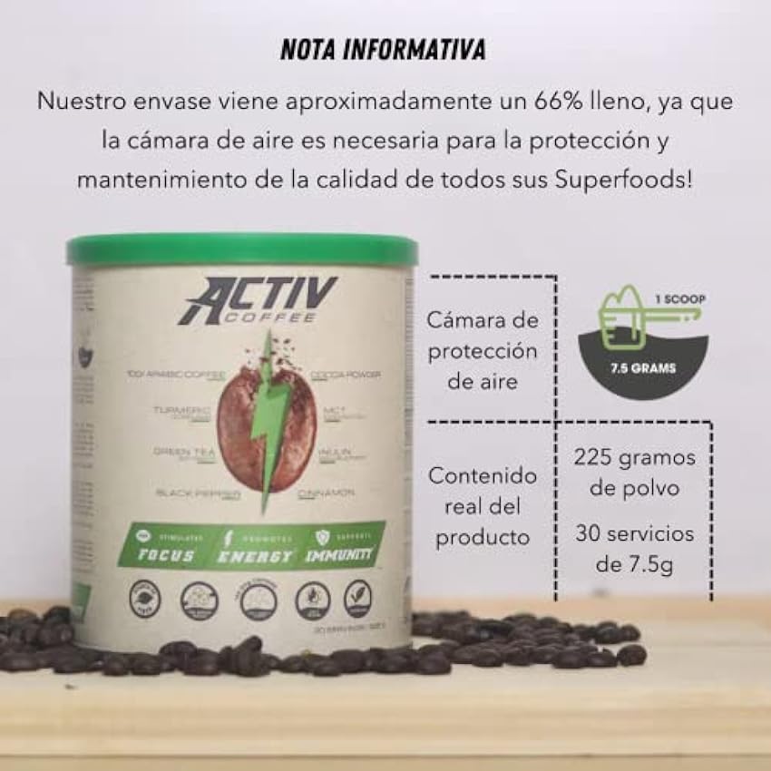 ACTIV COFFEE 225g 30 servicios - Café Soluble Arábico con Aceite MCT, Cúrcuma, Té Verde, Cacao en Polvo, Inulina, Canela, Pimienta Negra, Vitamina C. NVP8hzvZ