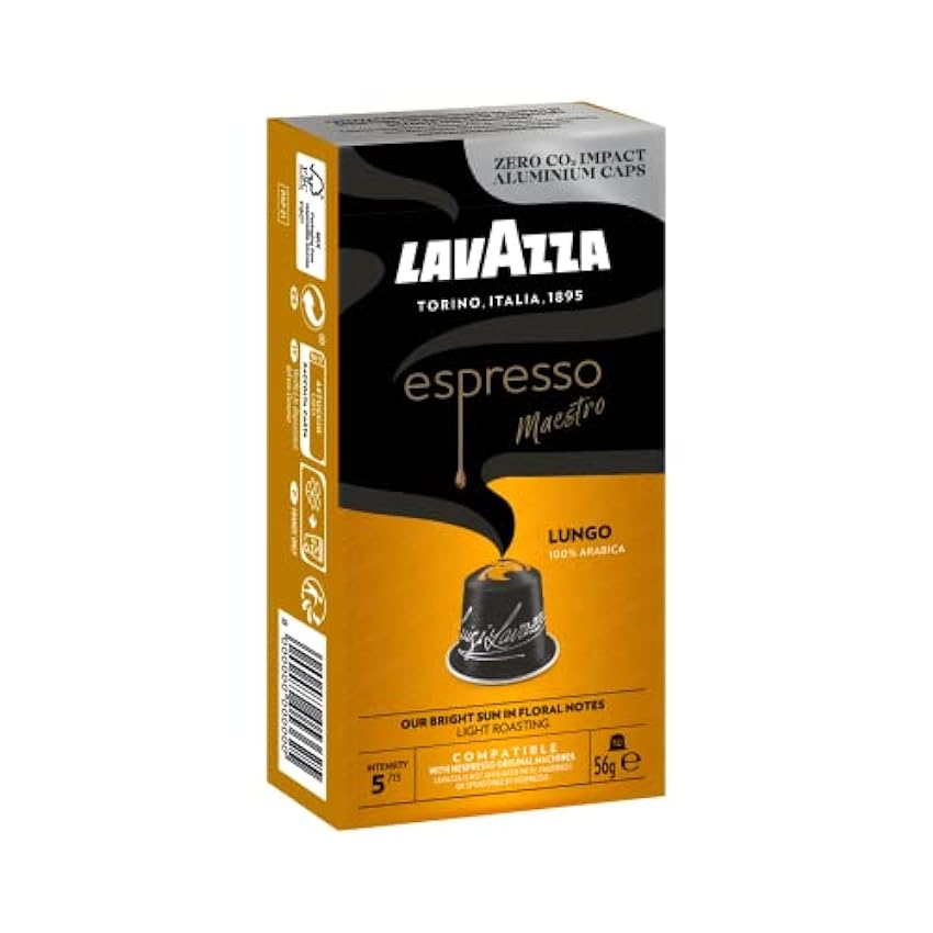 Lavazza Espresso Maestro Lungo - Cápsulas de aluminio compatibles con Nespresso, cero CO2 impacto, 10 cápsulas, 56 g JHcZR1GO