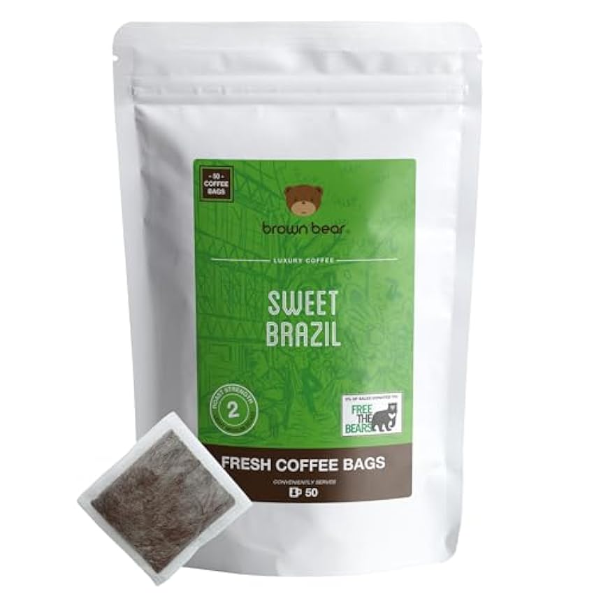 Brown Bear Bolsas de café molidas brasileñas, Sweet Brasil, 50 bolsas de café, tostado medio, fuerza 3, 5 por ciento de ventas donadas para liberar a los osos nLXWIEks