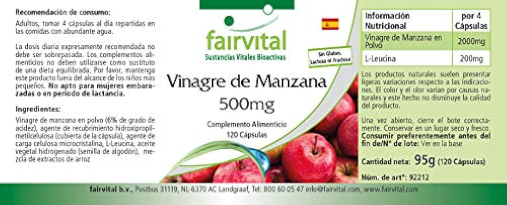 Fairvital | Vinagre de Manzana 500mg - Dosis elevada - VEGANO - 120 Cápsulas - Calidad Alemana Mx6WXToX