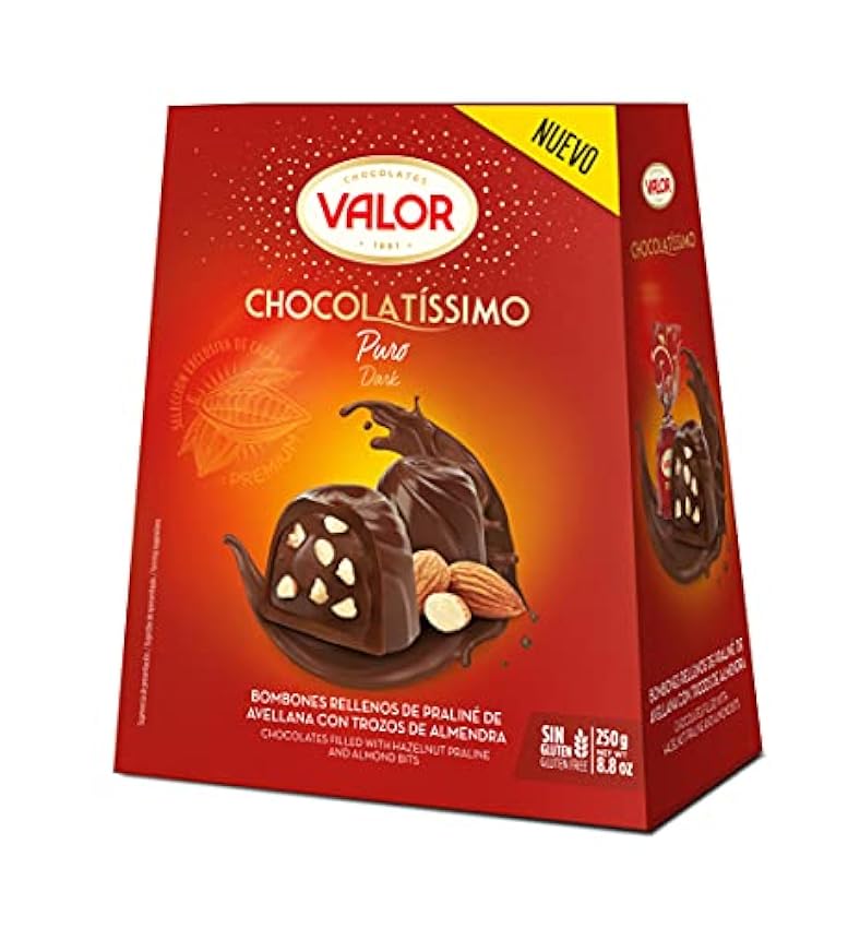 Valor - Chocolatíssimo Puro. Bombones de chocolate puro con praliné de avellana y trozos de almendra. Intenso Sabor y Aroma - 250 Gramos JIR84CTG