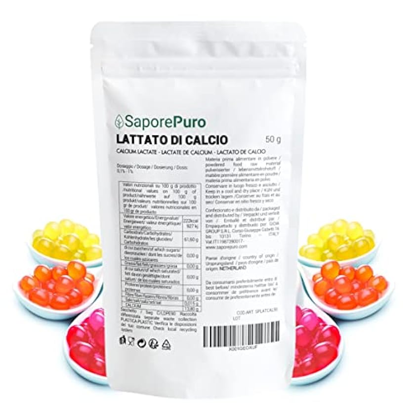 Saporepuro Lactato de calcio en polvo 50 gr - Ideal para esferificación en cocina molecular jTkdbqCs