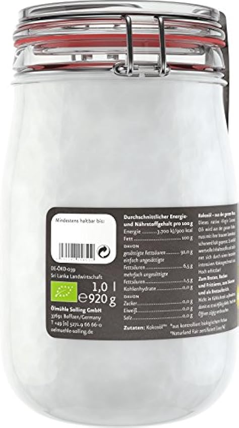 Ölmühle Solling Bio & Fair - Aceite de coco en vaso de cristal (1000 ml) oYmpcTlu