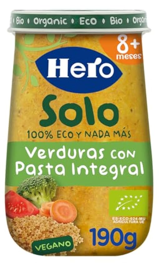 Hero Solo Potitos de Verduras con Pasta Integral 100% Eco y nada más, Apto para Veganos y Bebés de más de 8 meses - Pack de 12 x 190 gr JKi97Eql