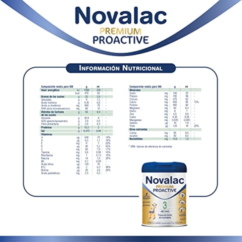 Novalac Premium Proactive 3 Leche de Continuación 1-3 Años. Contribuye al Desarrollo Normal y del sistema inmunitario del Bebé. Fórmula Elaborada con Pediatras rica en Calcio, Yodo, ViT A y D - 800 g JfAt6qrG