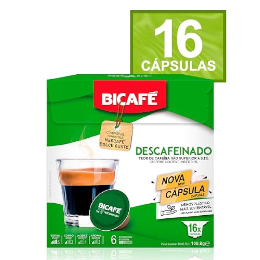 BICAFÉ Café descafeinado Compatible con cápsulas Dolce Gusto, 16 cápsulas de café descafeinadas pim9MZhz