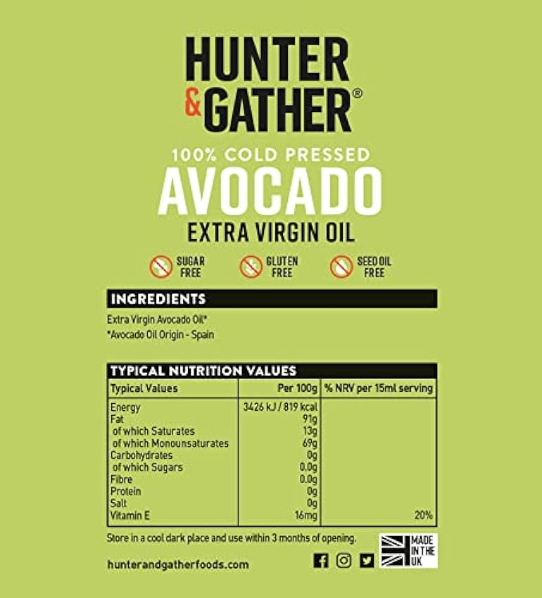 Hunter & Gather Aceite de aguacate virgen extra | Prensado en frío, sin refinar y embotellado en el Reino Unido | Aceite de aguacate 100% natural | Versátil para rociar 500 ml (Paquete de 1) hdvst52p