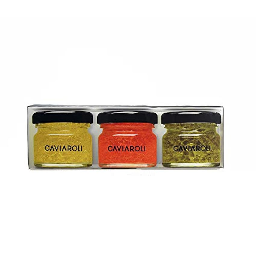 Caviaroli - Encapsulado de Aceite de Oliva - Perlas de Aceite Gourmet para Aliño o Decoración - Pack de 3 sabores, Virgen Extra, Guindilla y Albahaca - 3x20 g LiVpGByx