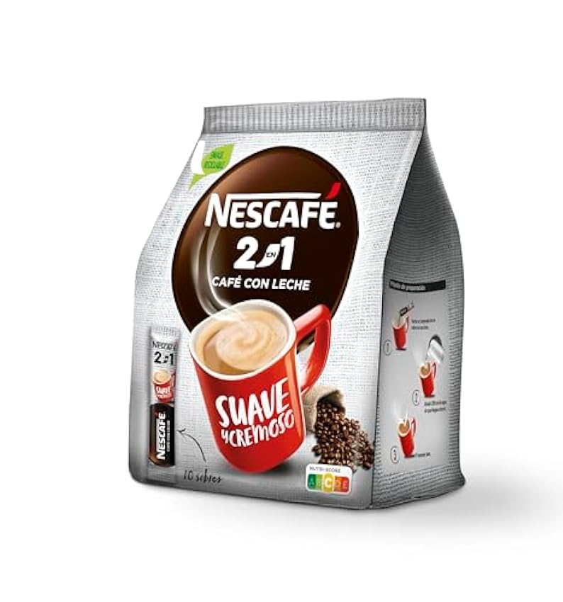 NESCAFÉ 2 en 1, café soluble natural con leche, Pack de 9 bolsas con 10 sobres, TOTAL 90 sobres PIiEuy4w
