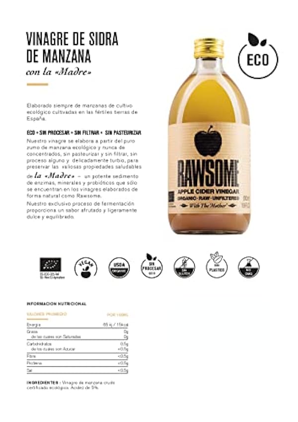 Rawsome Vinegars - Vinagre de Sidra de Manzana con la madre 100% Natural. Vinagre Ecológico Puro Sin Filtrar, Vegano y Vegetariano. Botella de Vidrio 500 ml. Pack de 2. IhrZm0vY