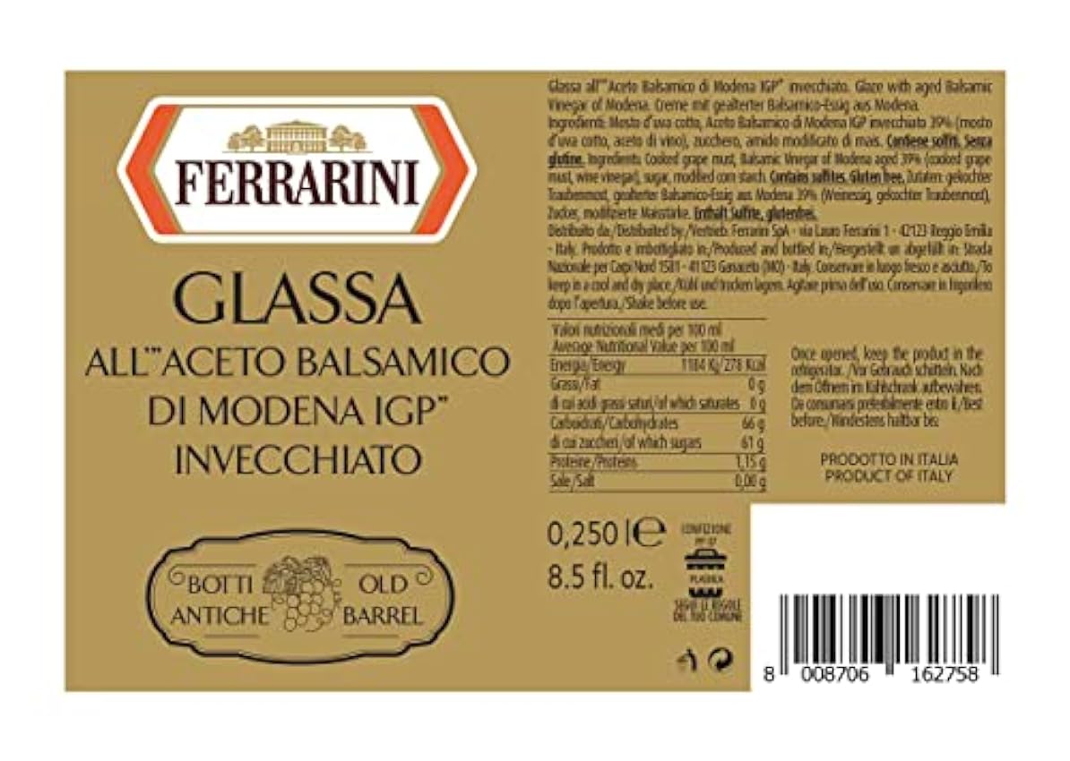 Ferrarini Glassa de Vinagre Balsámico de Módena IGP, Glaseado Obtenido con Vinagre Balsámico Italiano Envejecido por más de 3 Años, 250ml incBPGiG