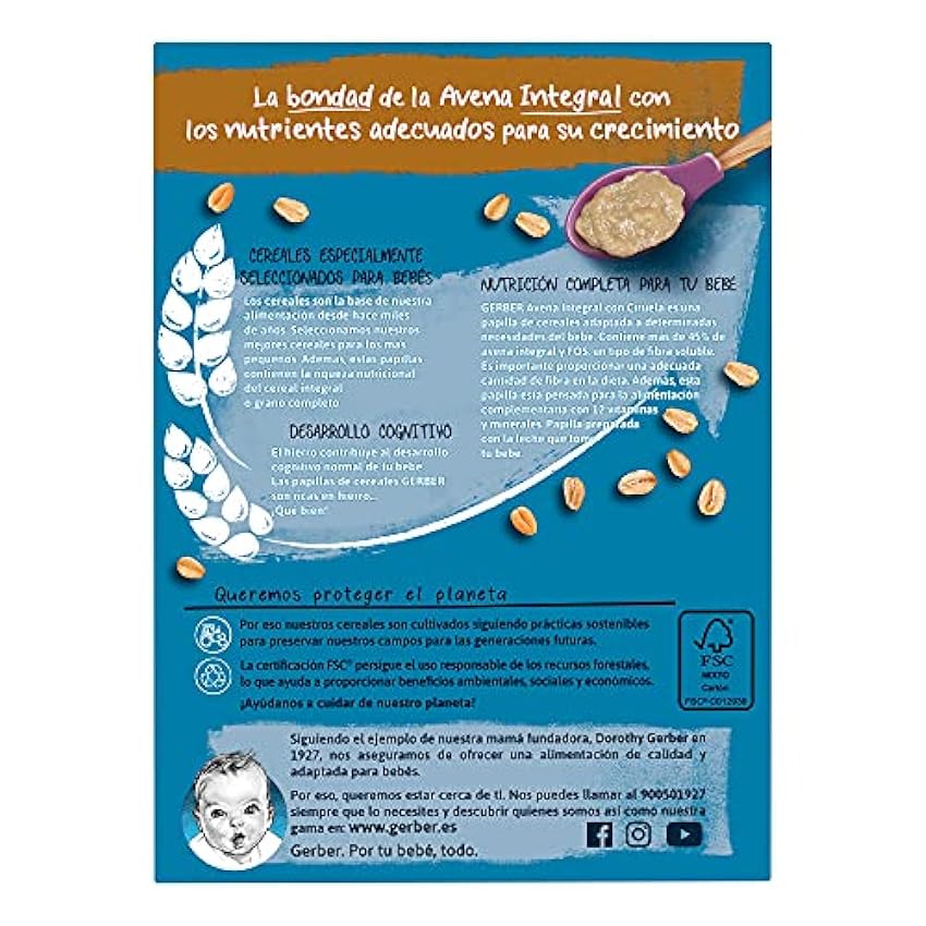 GERBER Avena Integral con Ciruela, Papilla de Cereales para Bebés, Paquetes 9x250g, a partir de 6 meses LmgJcXTN