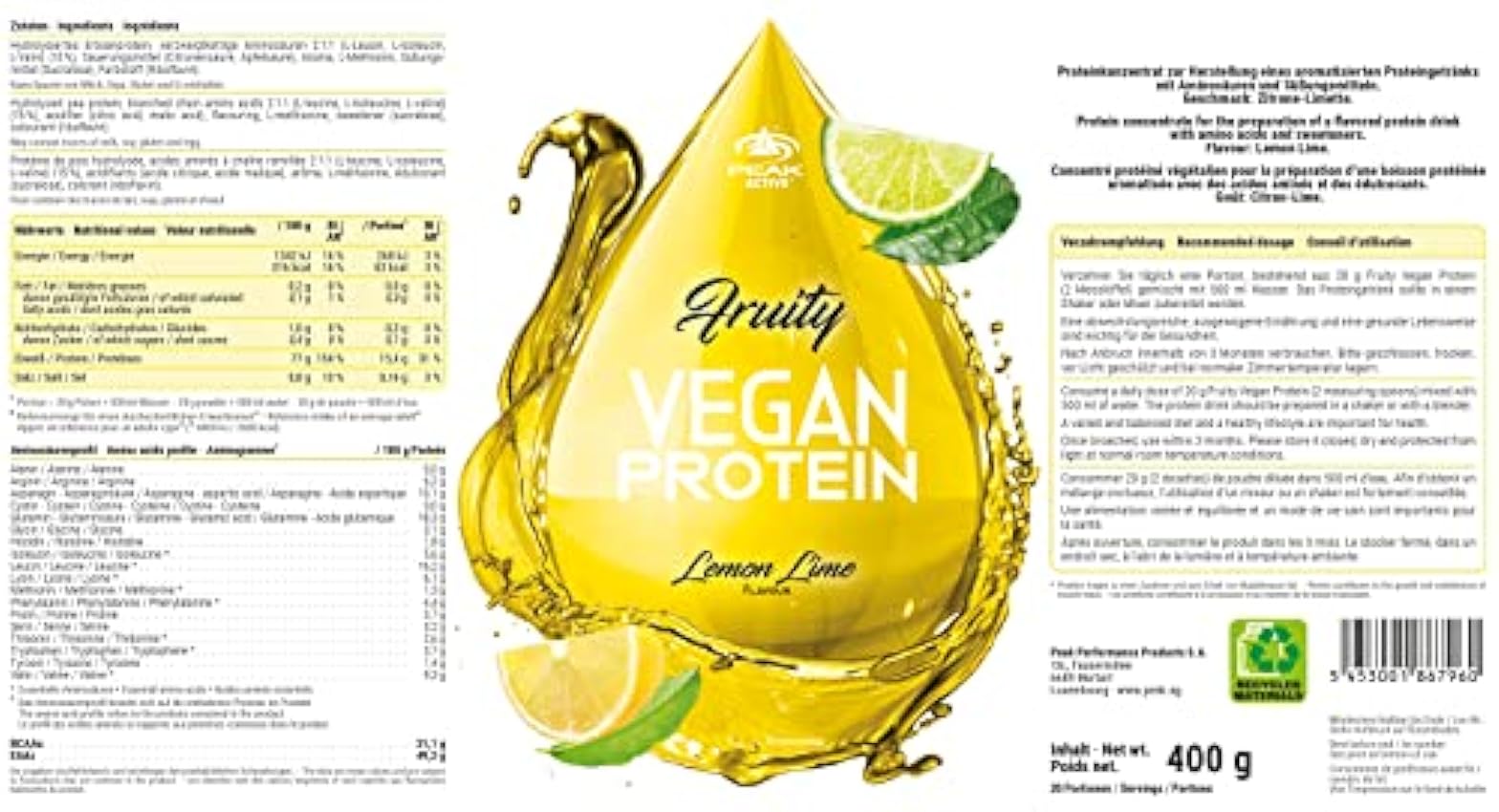 Peak Fruity Vegan Protein 400 Gr Sabor Limón-Lima hHPTASJW