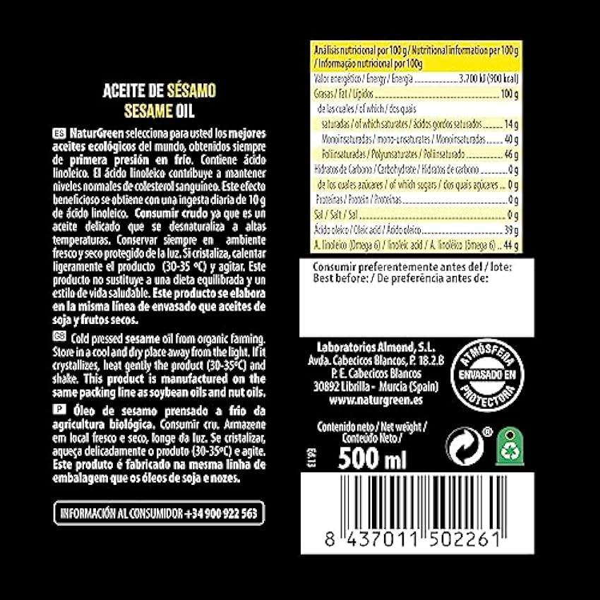 NaturGreen - Aceite de Sésamo, 100% Aceite de Semillas de Sésamo, Ecológico - 500ml m1v8vksX