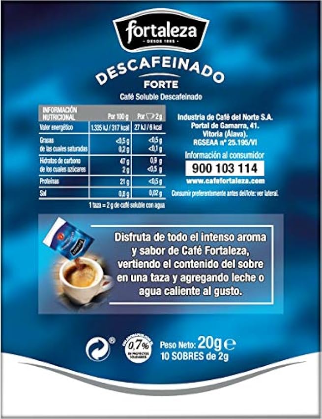 Café Fortaleza -Café Soluble Sobres, Descafeinado Forte, Variedades Arábicas, Pack 10 x 12 - Total 120 sobres fLLramGU