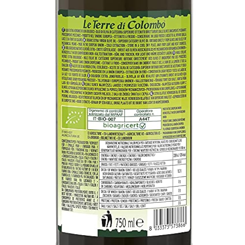Le Terre di Colombo – Aceite de oliva virgen extra ecológico producido en la UE, 750 ml nlVzk7xt