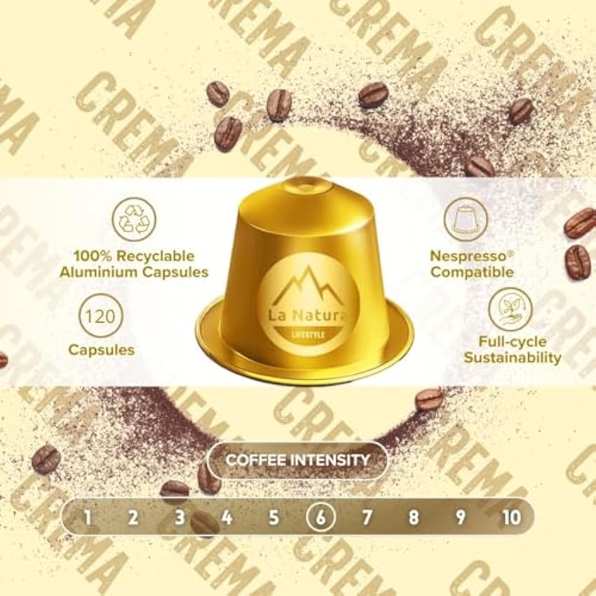 La Natura LIFESTYLE 120 cápsulas de café CREMA de aluminio, 100% reciclables, compatibles con Nespresso p8ER4oM1