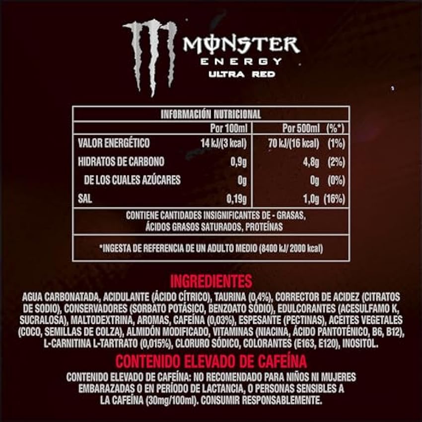 Monster Energy Ultra Red Bebida Energética Sin Azúcar Sabor Mix de Frutos Rojos Lata 500ml - Pack de 24 l90DQ79U