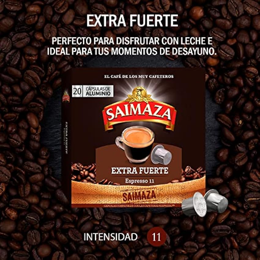 Saimaza Café Extra Fuerte Espresso 11 - 200 cápsulas de aluminio compatibles con máquinas Nespresso (R)* (10 Paquetes de 20 cápsulas) KGHsSZe8