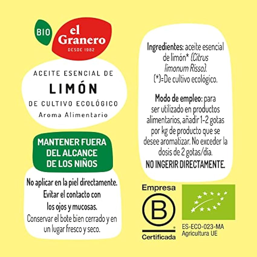 El Granero Integral - Pack de 6 Unidades - Aceite Esencial de Limón Bio - 12 ml - Sin Mezclar con Otros Aceites - Efecto Tonificante - Ideal para Pieles y Cabellos Grasos N3sSNeMw