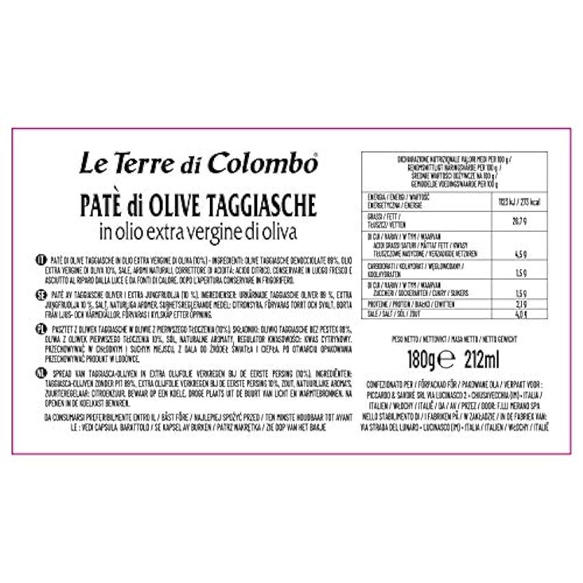 Le Terre di Colombo Pasta de Aceitunas, Taggiasca en Aceite de Oliva Virgen Extra 10 %, Tarros de 212 Ml Lote de 6 huWrPtIs
