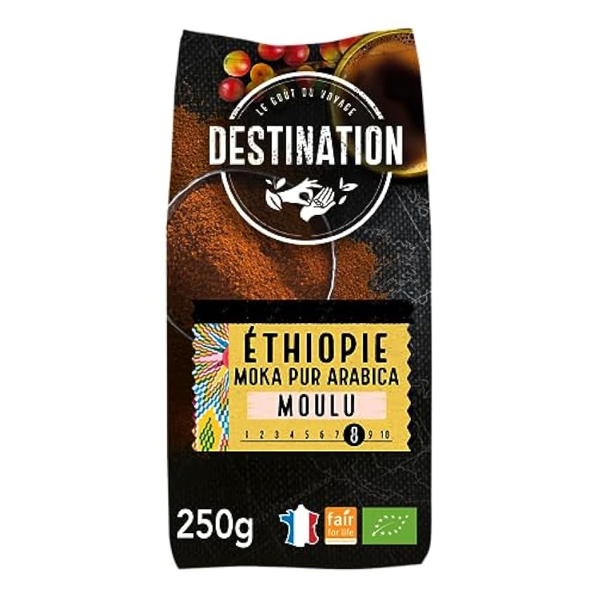 Destination - Café Ecológico Molido de Origen Etíope - Pack de 2 Unidades de 250 g - Café de Especialidad 100% Pur Arábica - Tostado Artesanalmente - Intensidad Alta JIkWm071