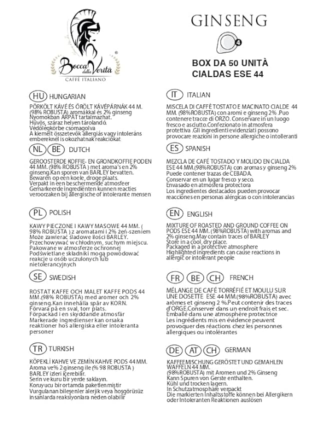 BOCCA DELLA VERITA® - Paquete de 50 Cápsulas E.S.E. Sabor CAFE GINSENG SPORT, Cápsulas Compatibles con Cafetera E.S.E. dm 44mm, Cápsulas 100% Biodegradables, 100% Made in Italy OqGac7ww