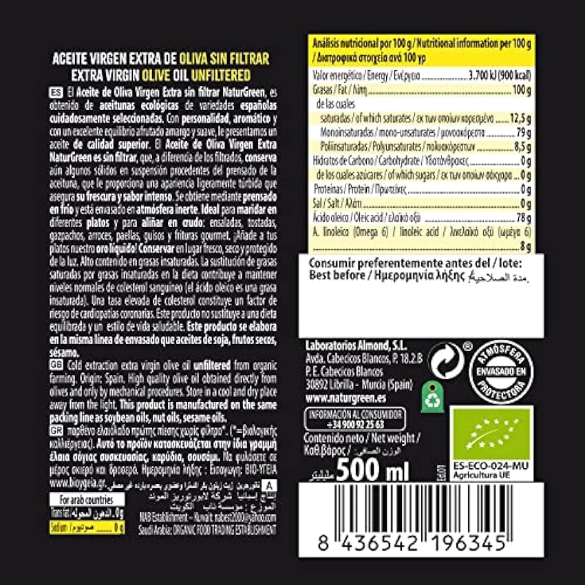 NaturGreen - Aceite de Oliva Virgen Extra Bio, AOVE Ecológico, Sin Filtrar, Primera Presión, 100% Vegano - 500 ml pakKys4C