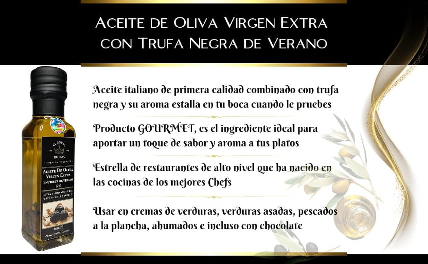 Aceite de TRUFA NEGRA de Verano100ml | Aceite de Oliva Italiano Virgen Extra | Condimento Gourmet 100% Natural | Vegano-Vegetariano-Sin Gluten | El Royal Trufas NFP27o0q